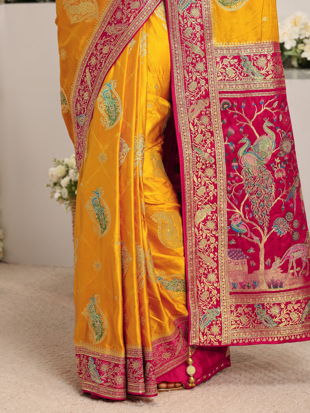  Libas Art Mustard Ethnic Motif Self Design Satin Saree 