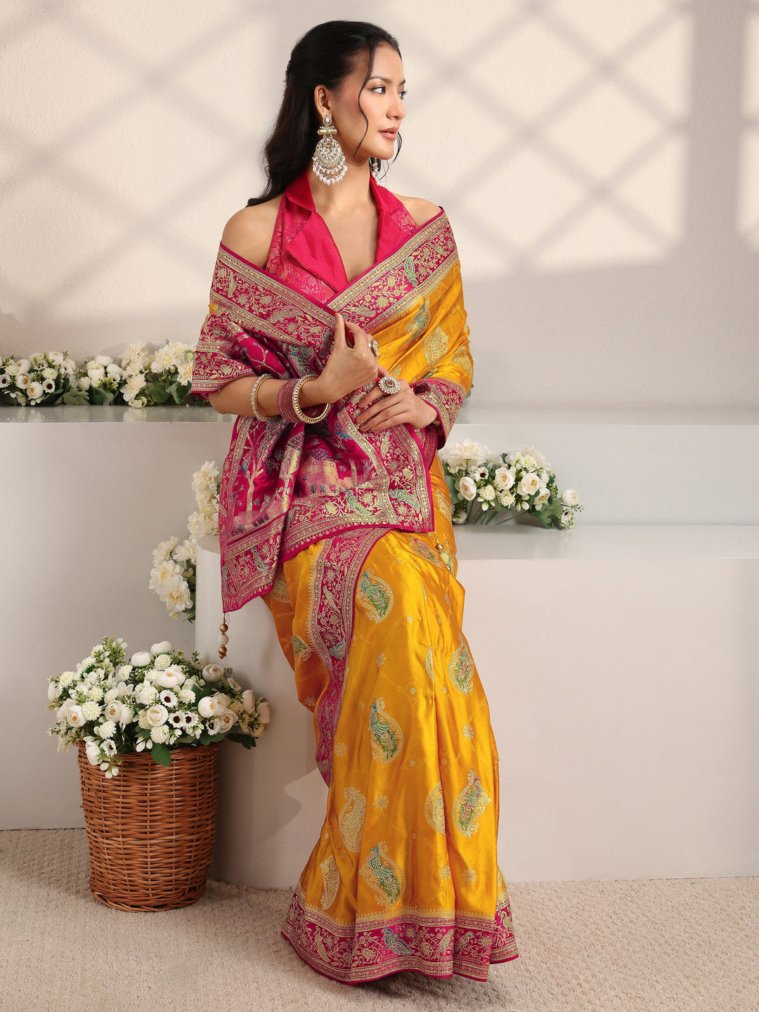  Libas Art Mustard Ethnic Motif Self Design Satin Saree 