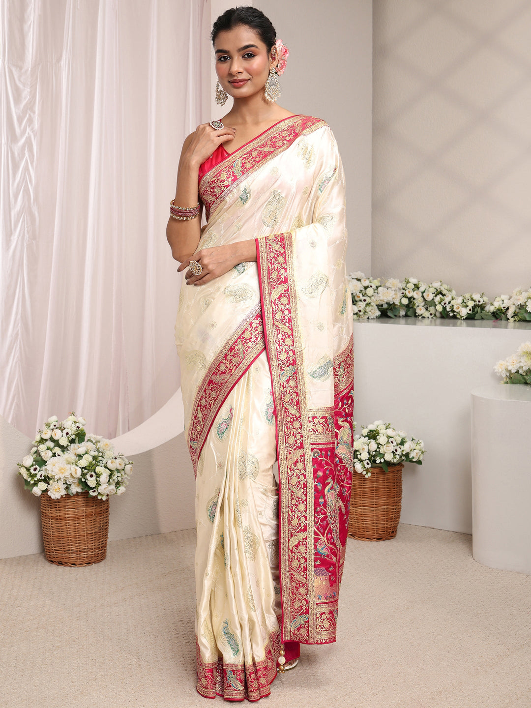  Libas Art Ivory Ethnic Woven Design Satin Saree With Unstitched Blouse Piece 