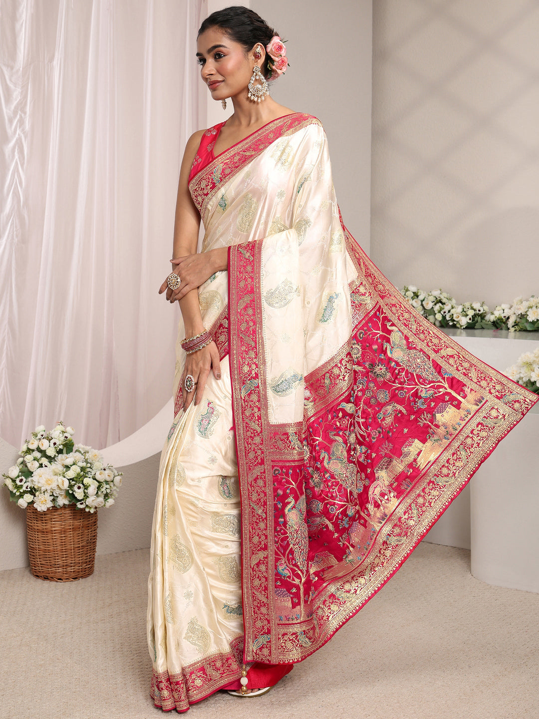  Libas Art Ivory Ethnic Woven Design Satin Saree With Unstitched Blouse Piece 