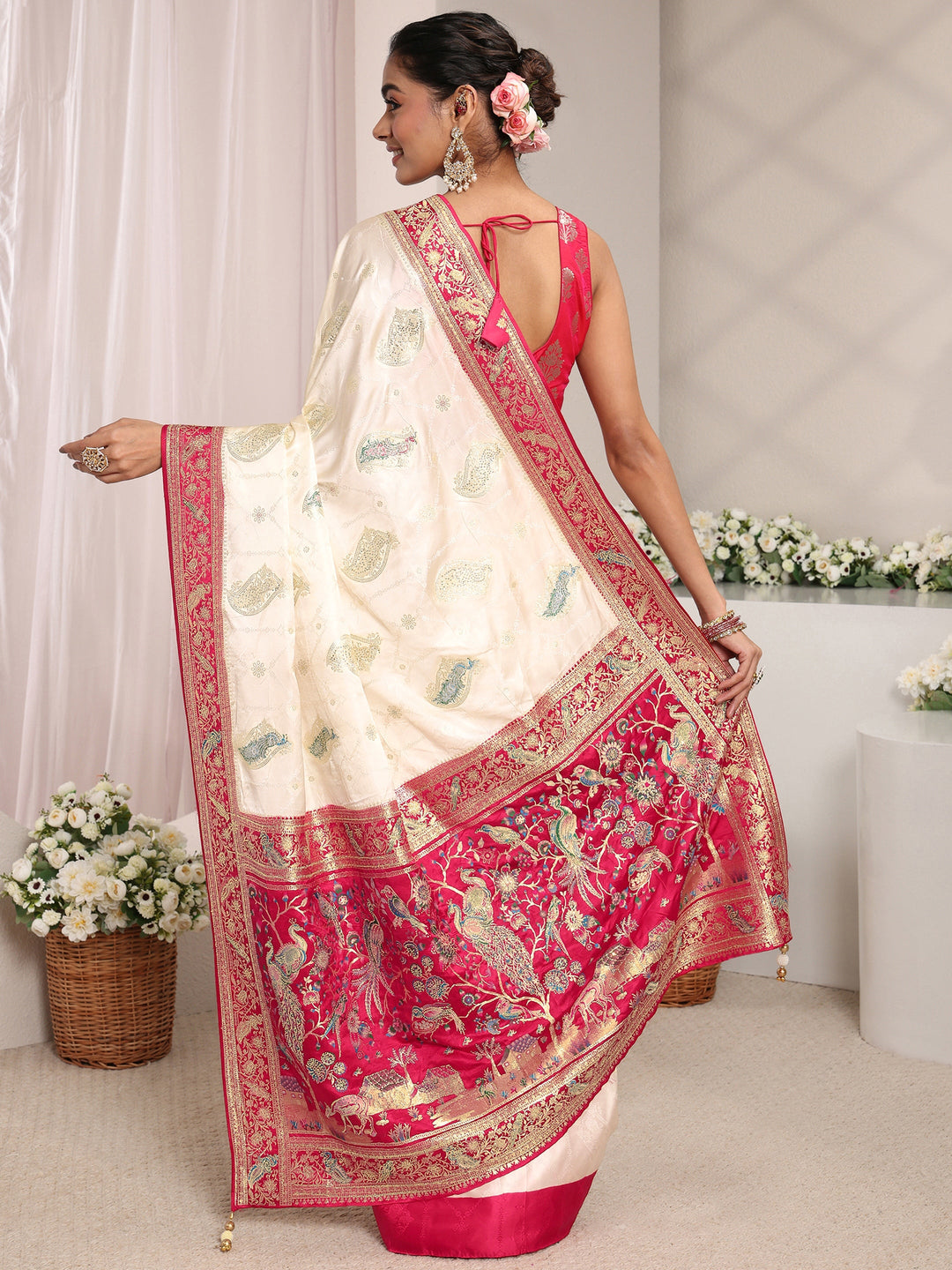  Libas Art Ivory Ethnic Woven Design Satin Saree With Unstitched Blouse Piece 
