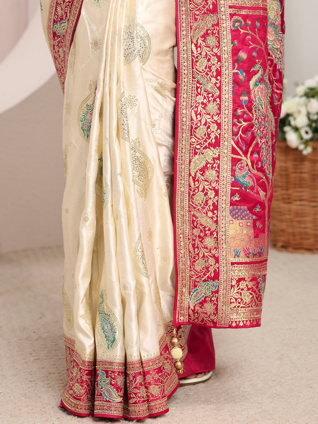  Libas Art Ivory Ethnic Woven Design Satin Saree With Unstitched Blouse Piece 