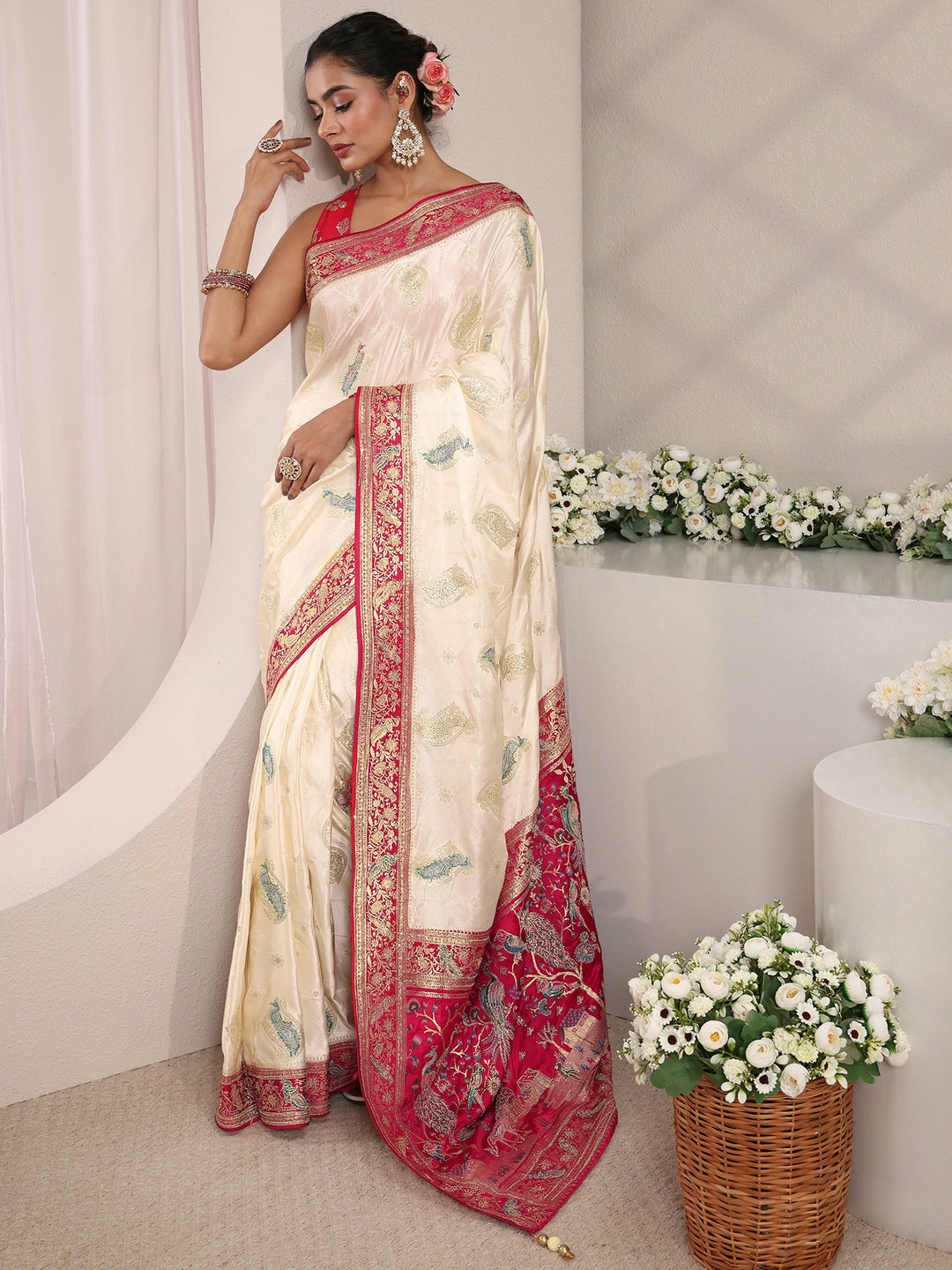  Libas Art Ivory Ethnic Woven Design Satin Saree With Unstitched Blouse Piece 