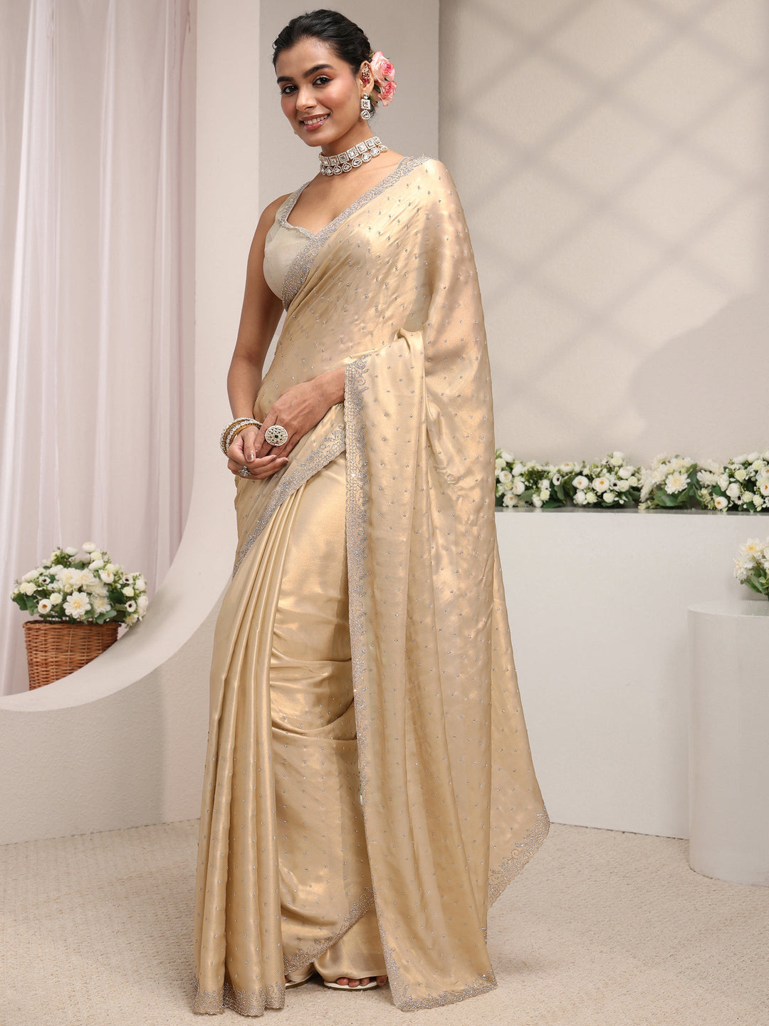  Libas Art Beige Embellished Satin Saree With Unstitched Blouse Piece 