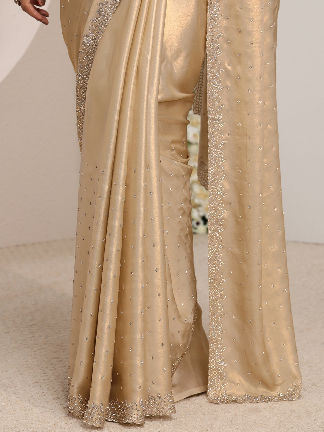  Libas Art Beige Embellished Satin Saree With Unstitched Blouse Piece 