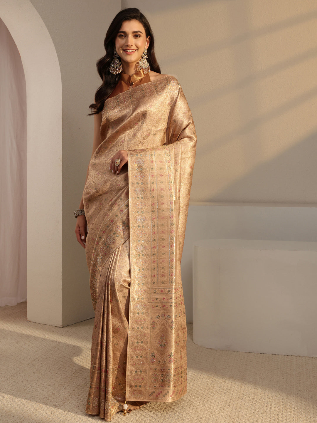  Libas Art Peach Banarasi Silk Blend Saree With Unstitched Blouse Piece 