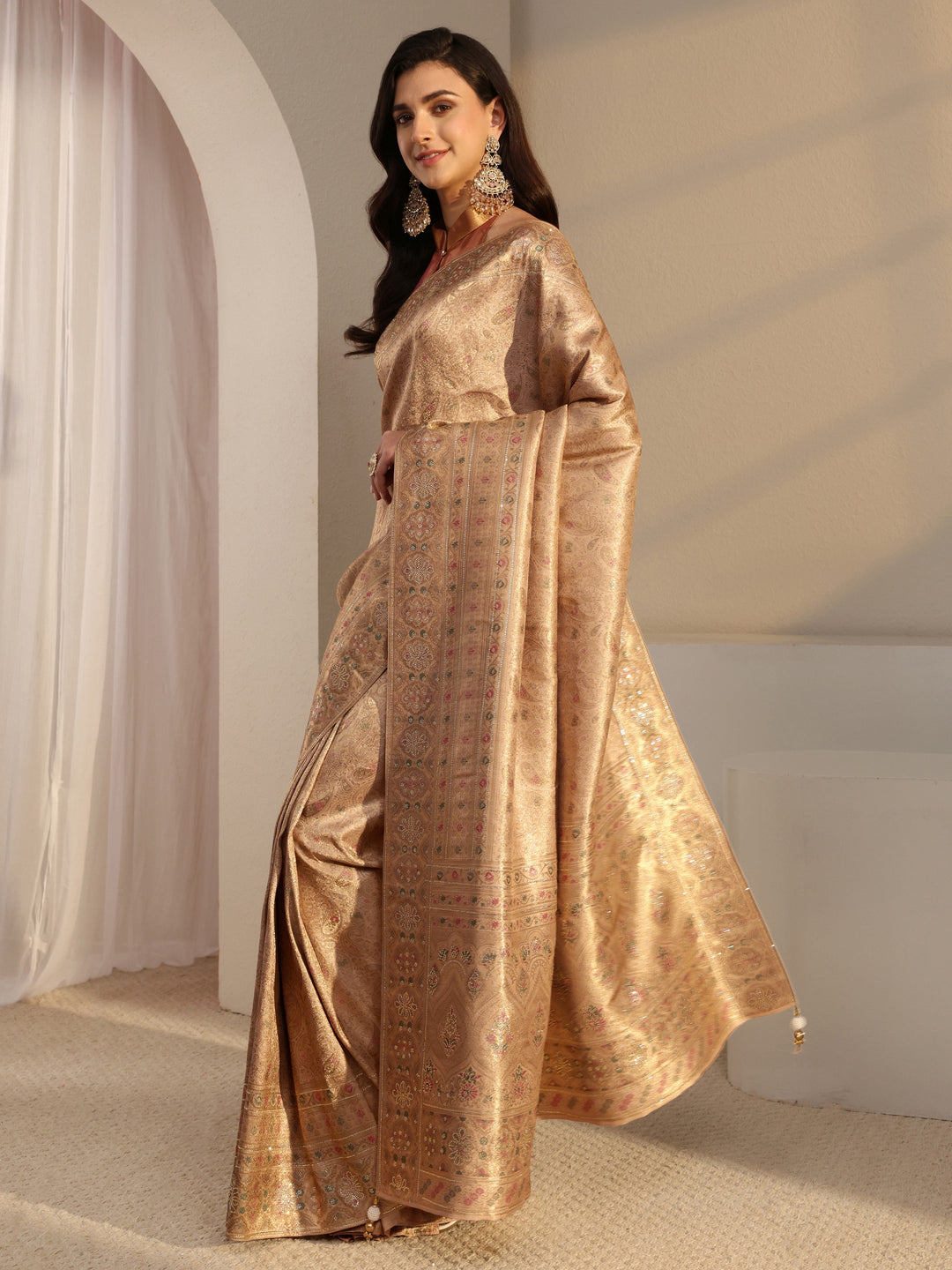  Libas Art Peach Banarasi Silk Blend Saree With Unstitched Blouse Piece 