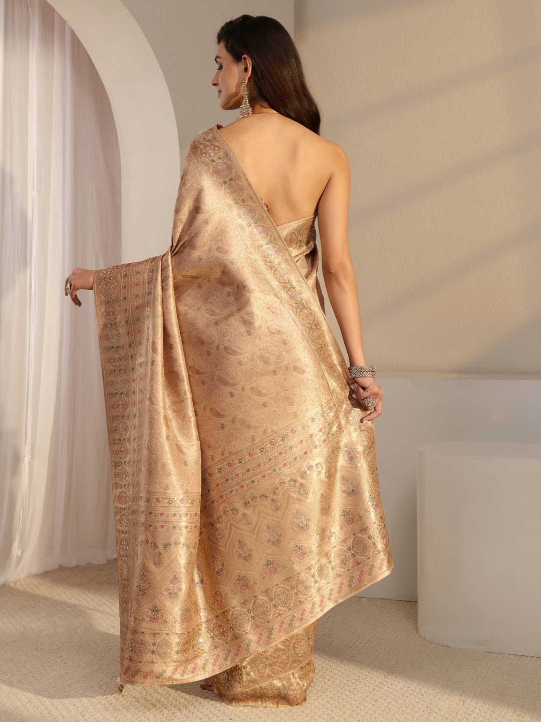  Libas Art Peach Banarasi Silk Blend Saree With Unstitched Blouse Piece 