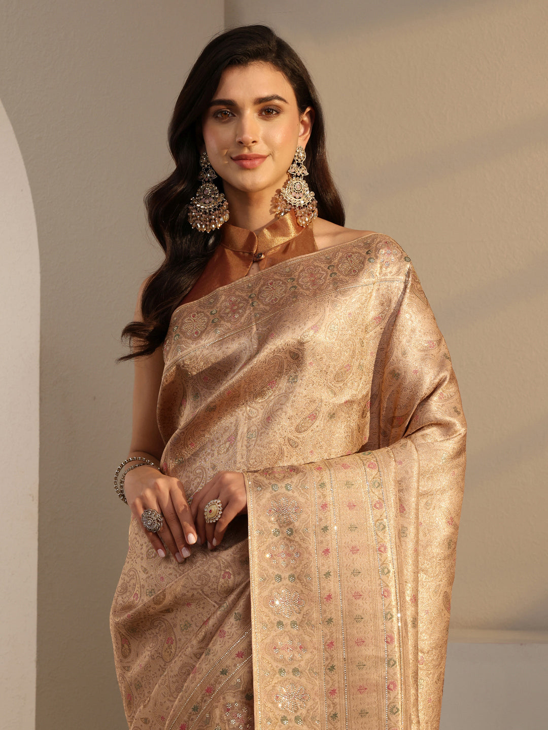  Libas Art Peach Banarasi Silk Blend Saree With Unstitched Blouse Piece 