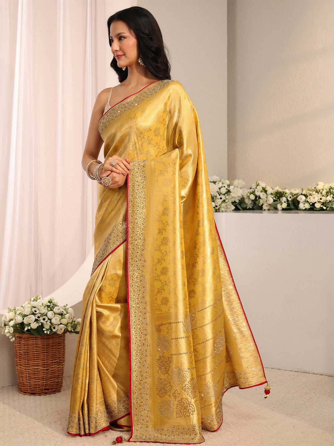  Libas Art Mustard Floral Woven Design Silk Blend Saree With Unstitched Blouse Piece 