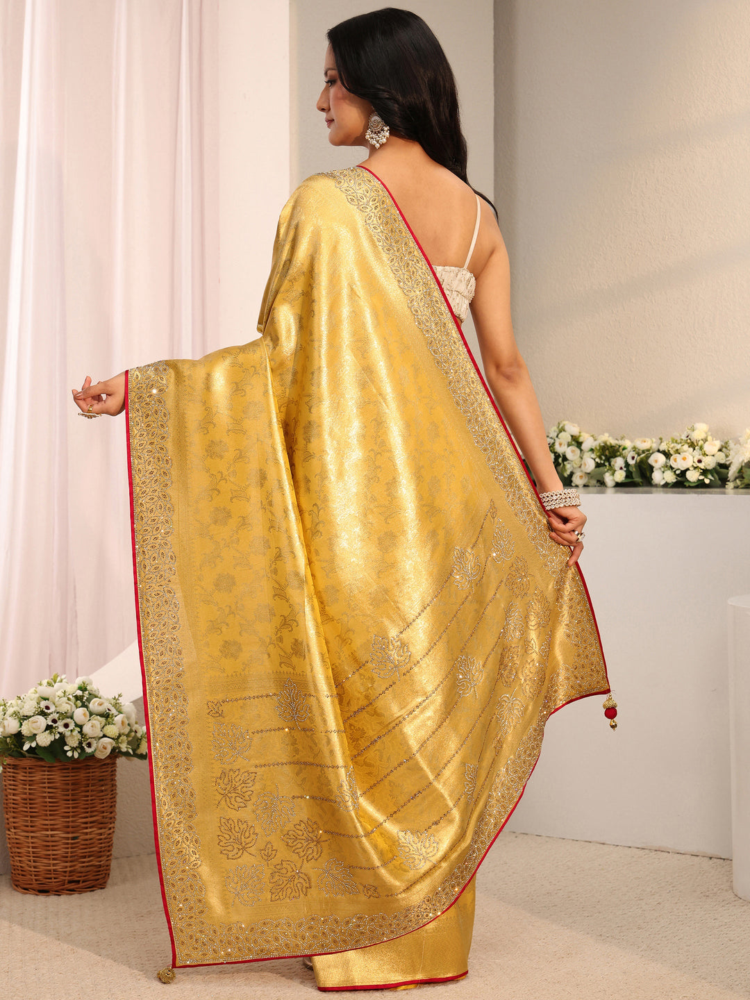  Libas Art Mustard Floral Woven Design Silk Blend Saree With Unstitched Blouse Piece 