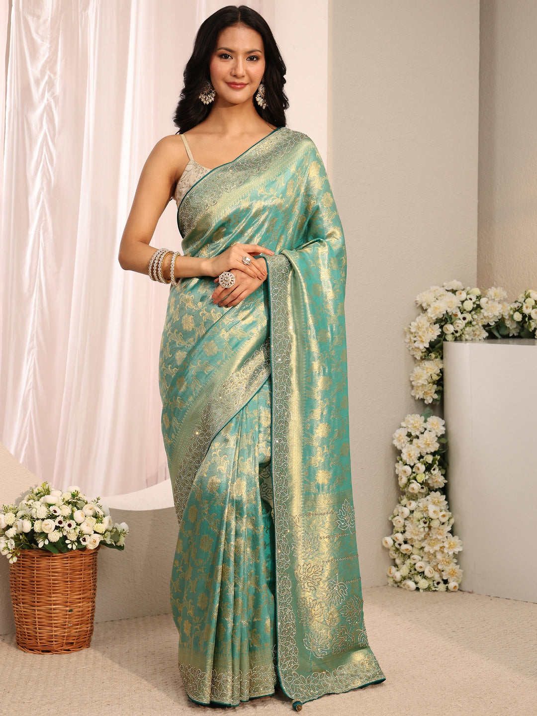  Libas Art Blue Floral Woven Design Silk Blend Saree With Unstitched Blouse Piece 