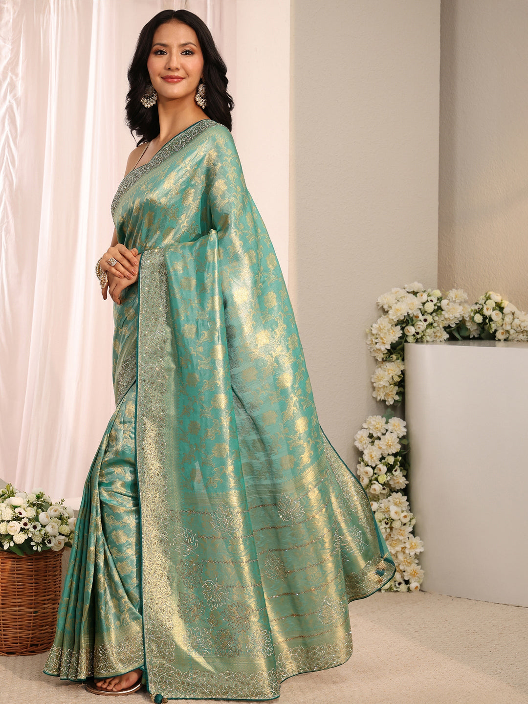  Libas Art Blue Floral Woven Design Silk Blend Saree With Unstitched Blouse Piece 