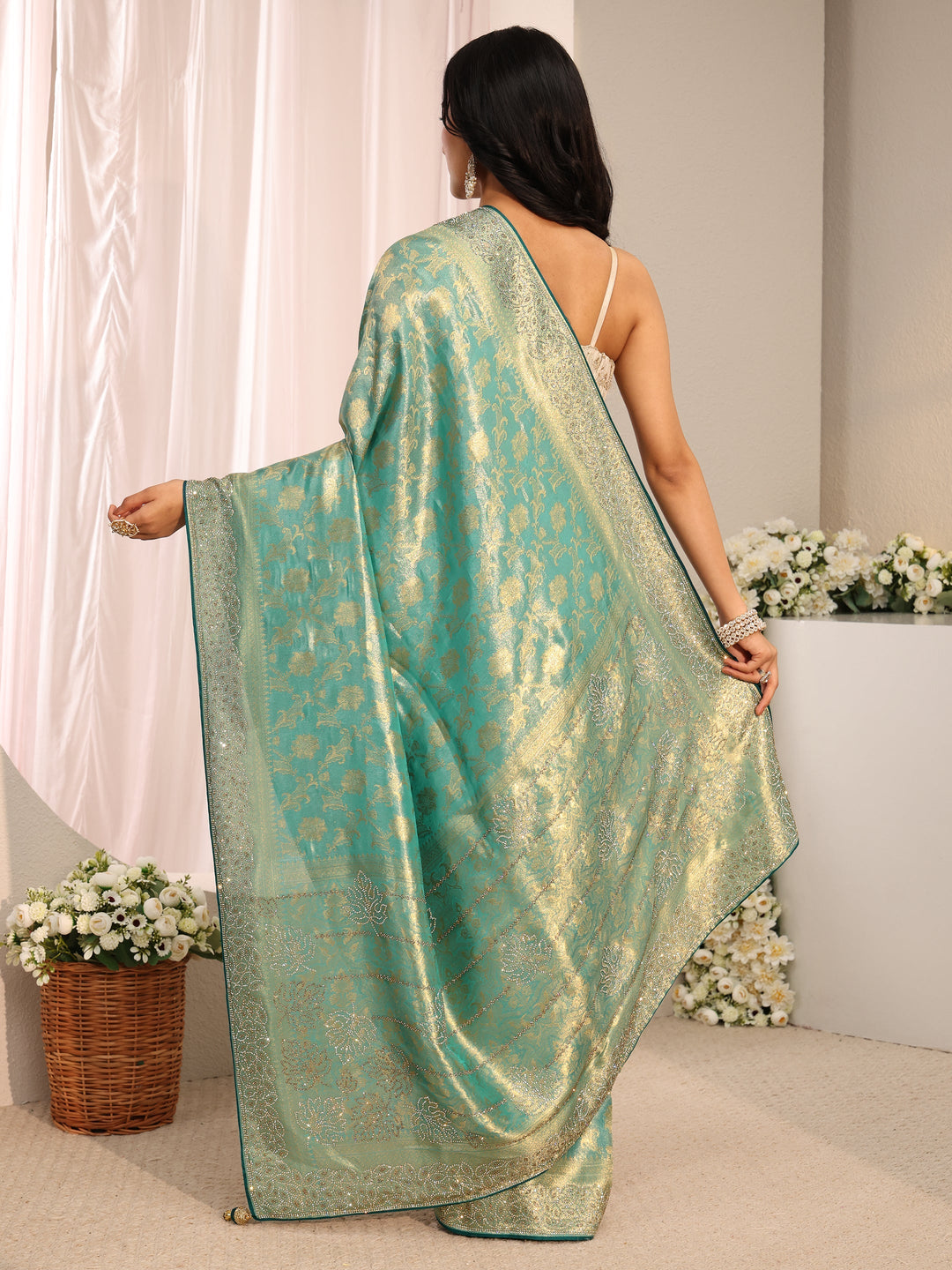  Libas Art Blue Floral Woven Design Silk Blend Saree With Unstitched Blouse Piece 