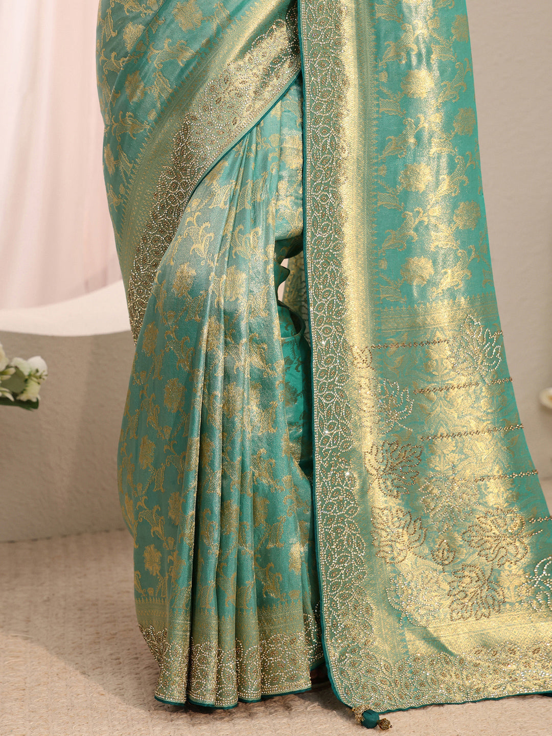  Libas Art Blue Floral Woven Design Silk Blend Saree With Unstitched Blouse Piece 