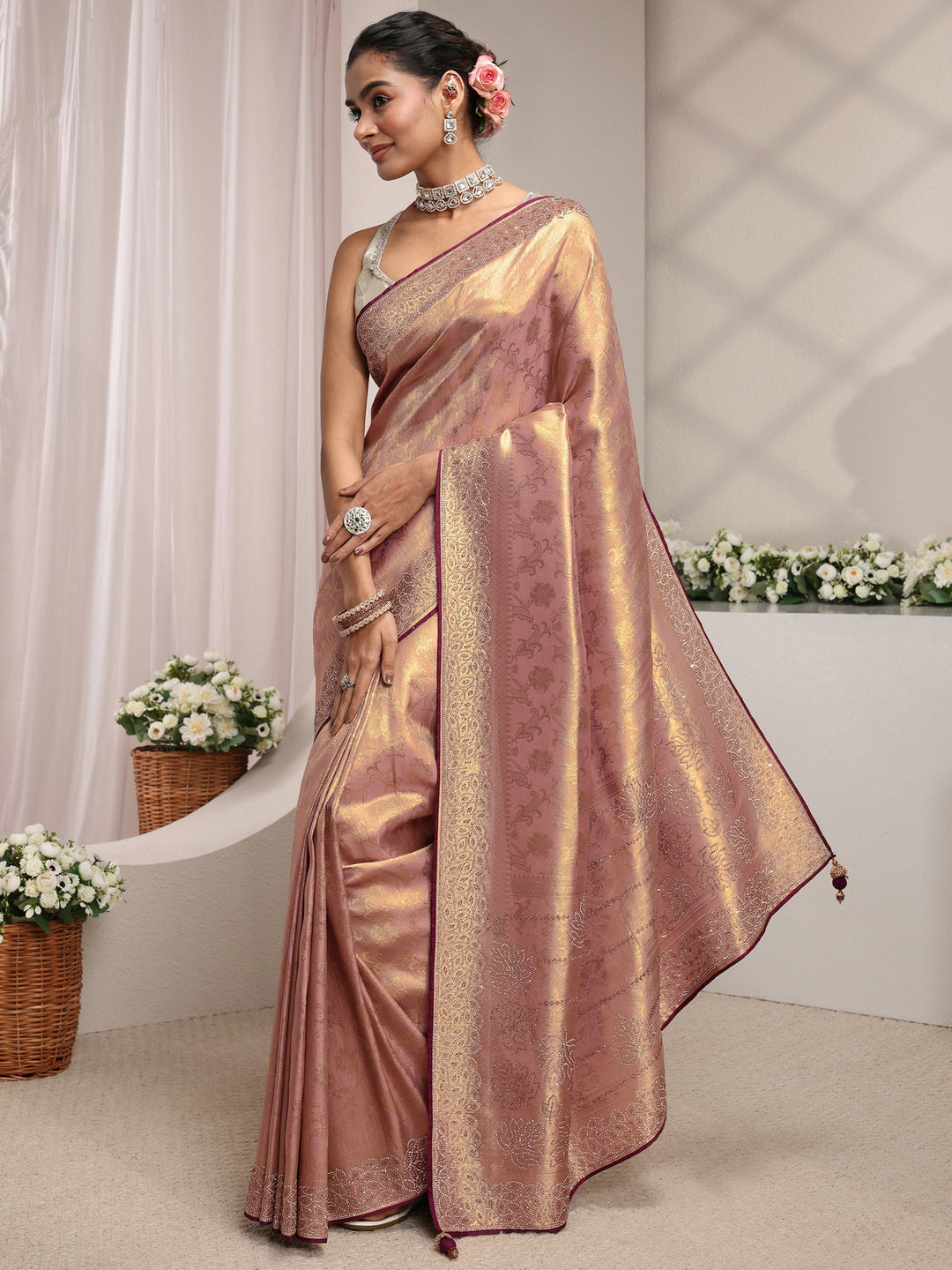  Libas Art Lavender Floral Woven Design Silk Blend Saree With Unstitched Blouse Piece 