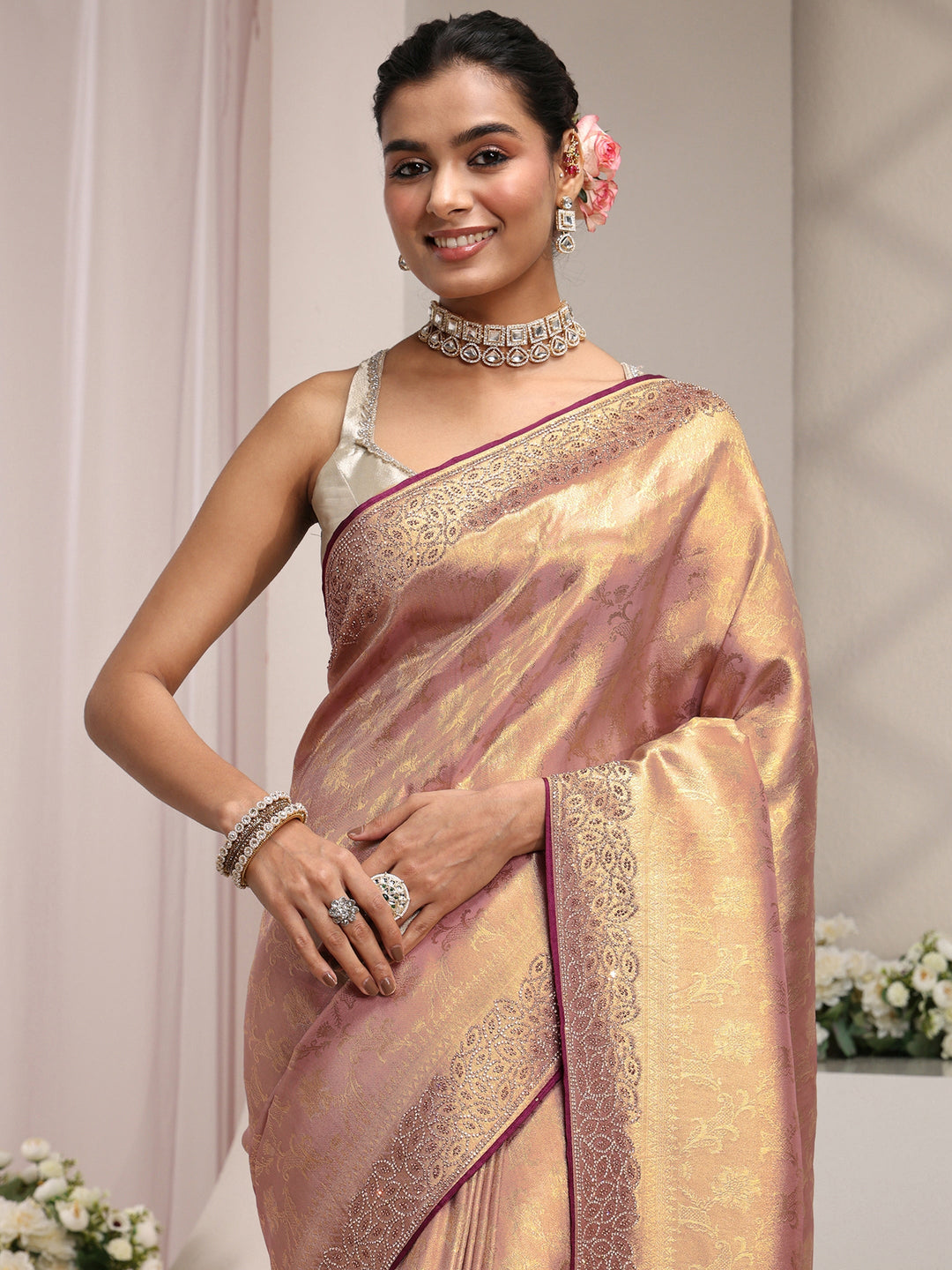  Libas Art Lavender Floral Woven Design Silk Blend Saree With Unstitched Blouse Piece 