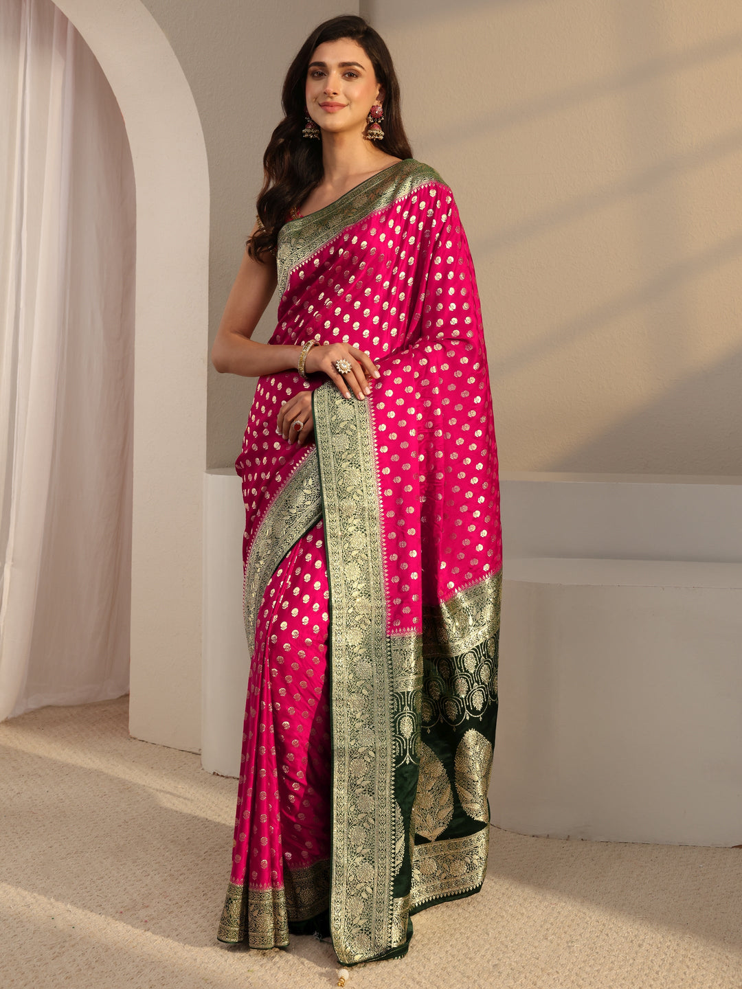  Libas Art Pink Banarasi Satin Saree With Unstitched Blouse Piece 