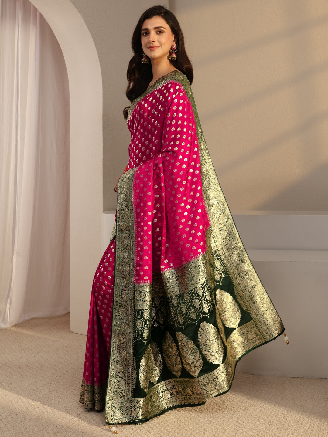  Libas Art Pink Banarasi Satin Saree With Unstitched Blouse Piece 