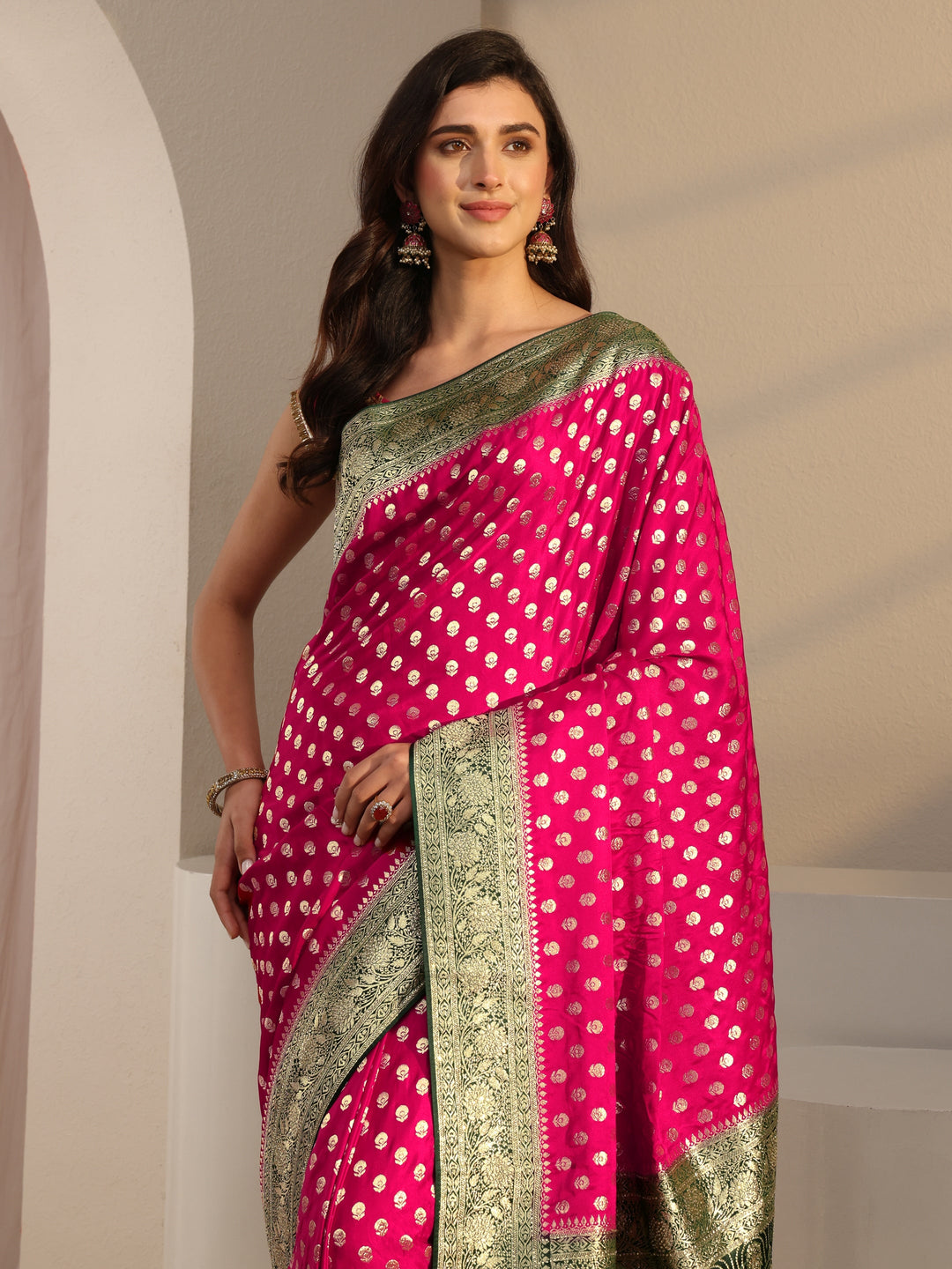  Libas Art Pink Banarasi Satin Saree With Unstitched Blouse Piece 