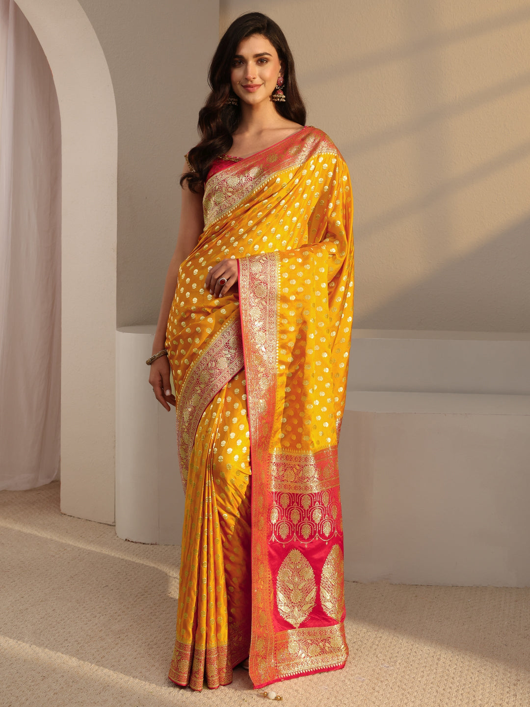  Libas Art Mustard Banarasi Satin Saree With Unstitched Blouse Piece 