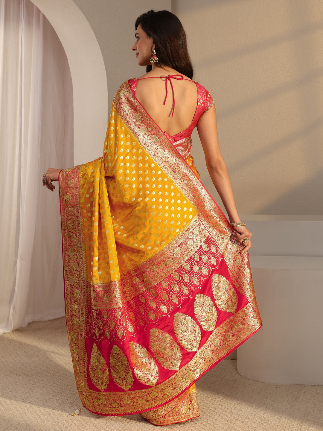  Libas Art Mustard Banarasi Satin Saree With Unstitched Blouse Piece 