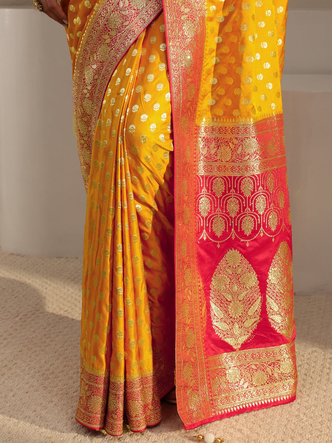  Libas Art Mustard Banarasi Satin Saree With Unstitched Blouse Piece 