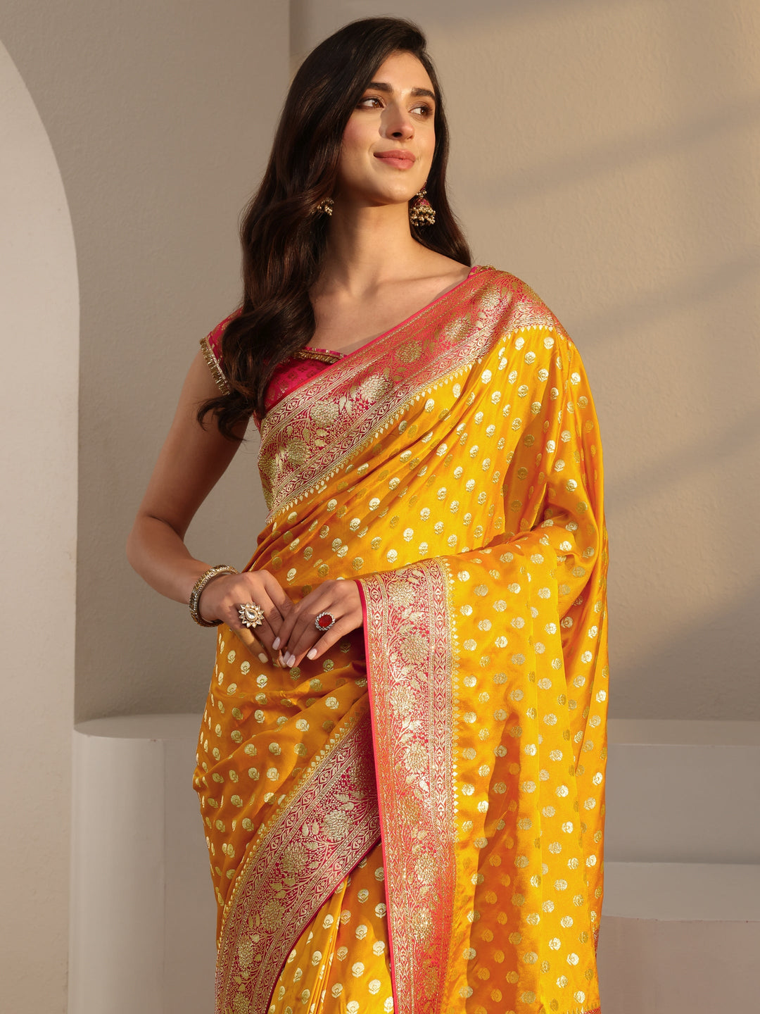  Libas Art Mustard Banarasi Satin Saree With Unstitched Blouse Piece 