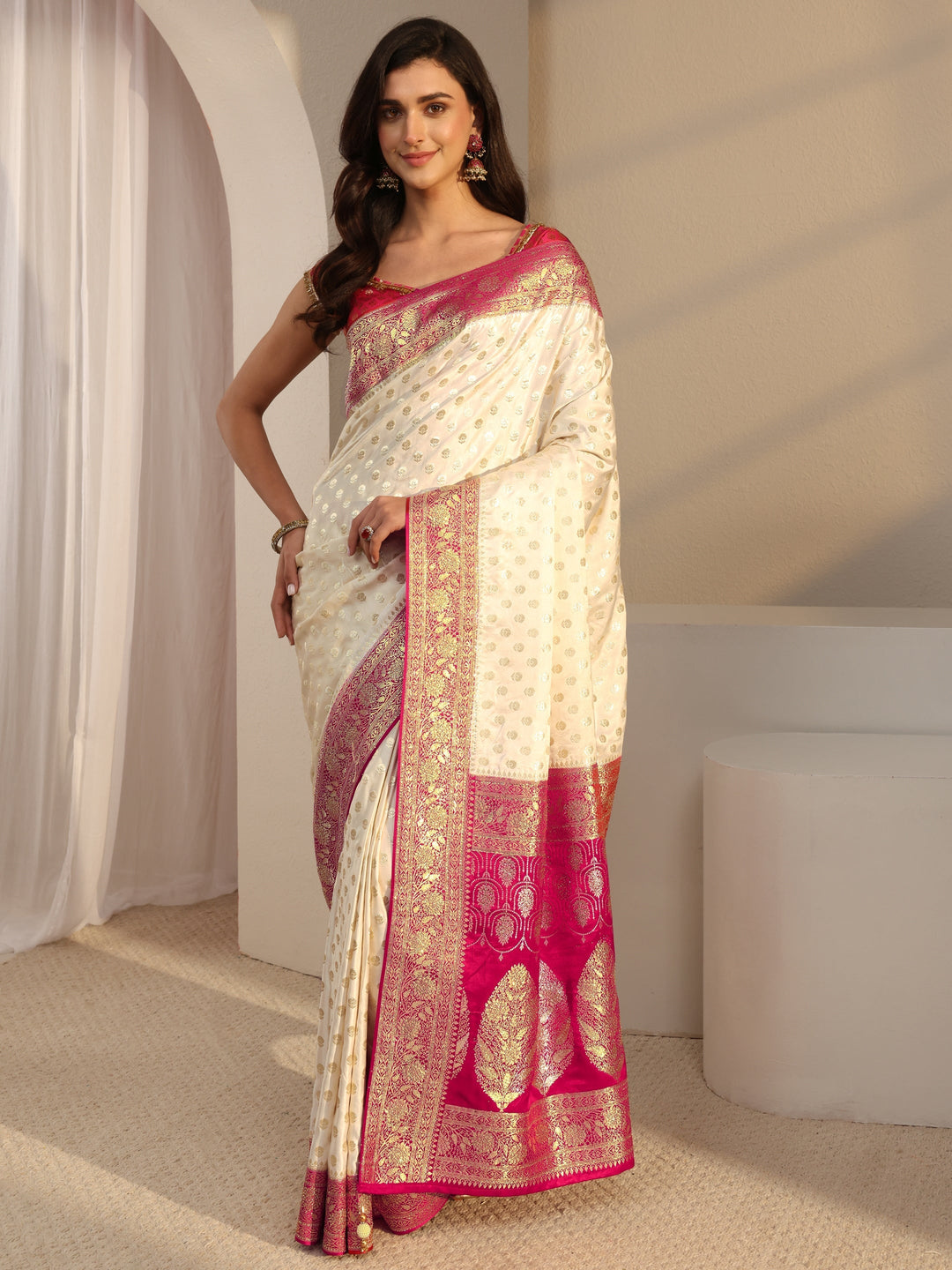  Libas Art Ivory Banarasi Satin Saree With Unstitched Blouse Piece 
