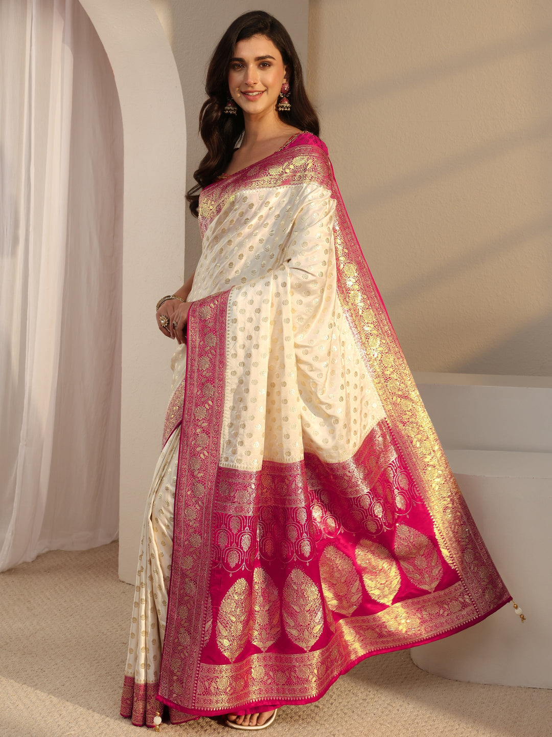  Libas Art Ivory Banarasi Satin Saree With Unstitched Blouse Piece 