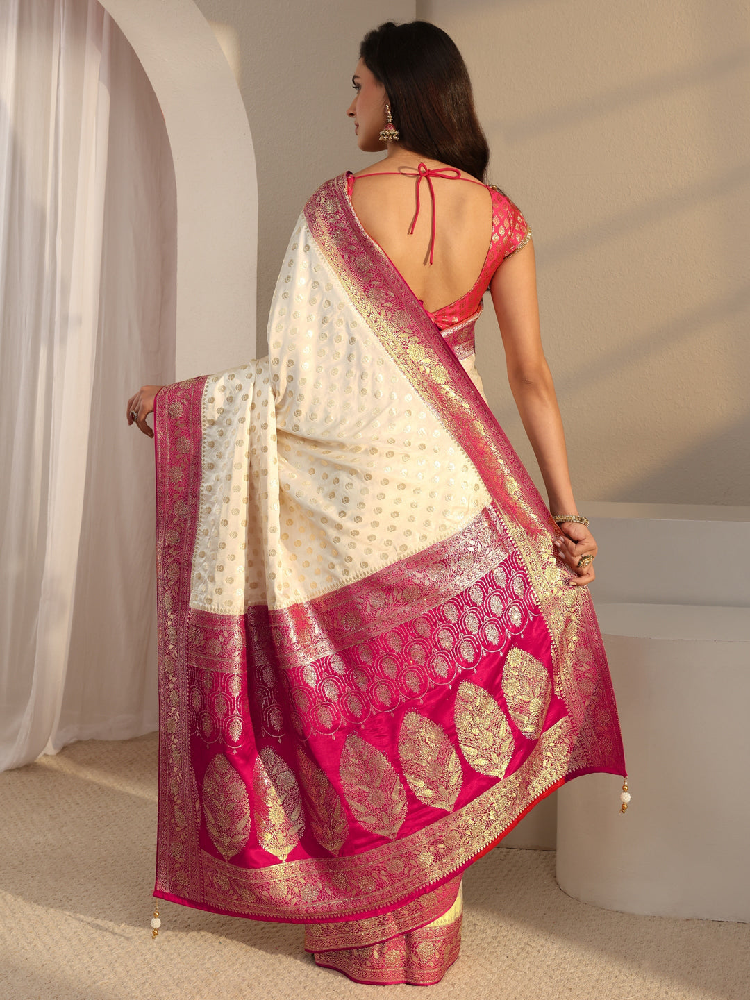  Libas Art Ivory Banarasi Satin Saree With Unstitched Blouse Piece 