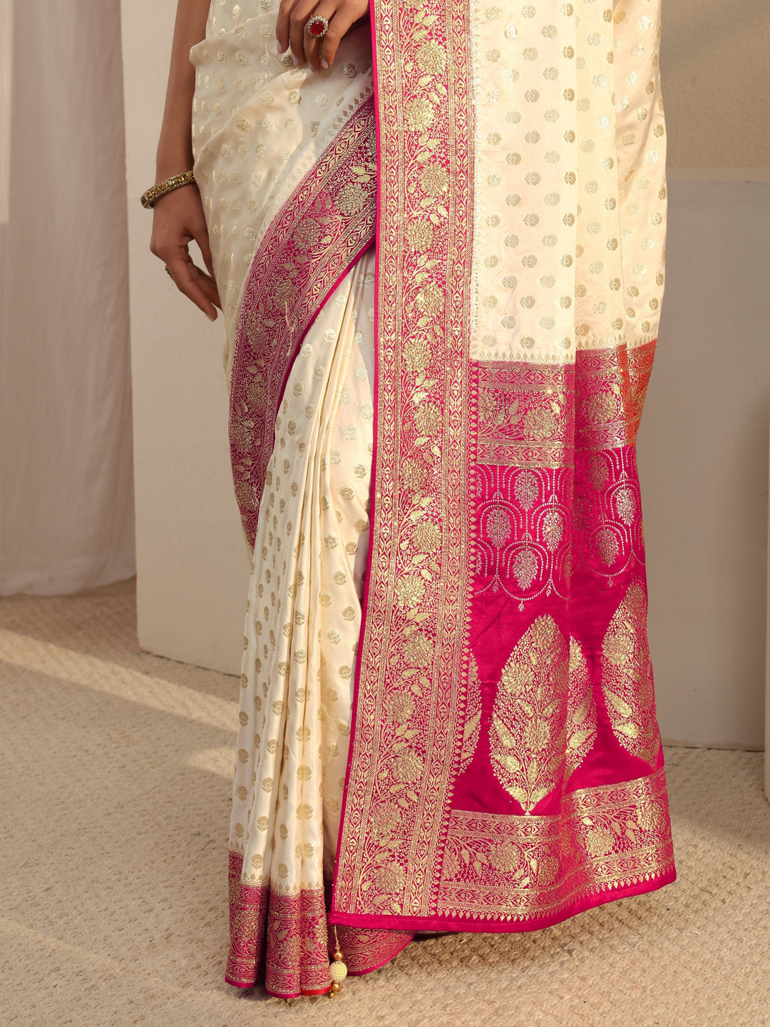  Libas Art Ivory Banarasi Satin Saree With Unstitched Blouse Piece 