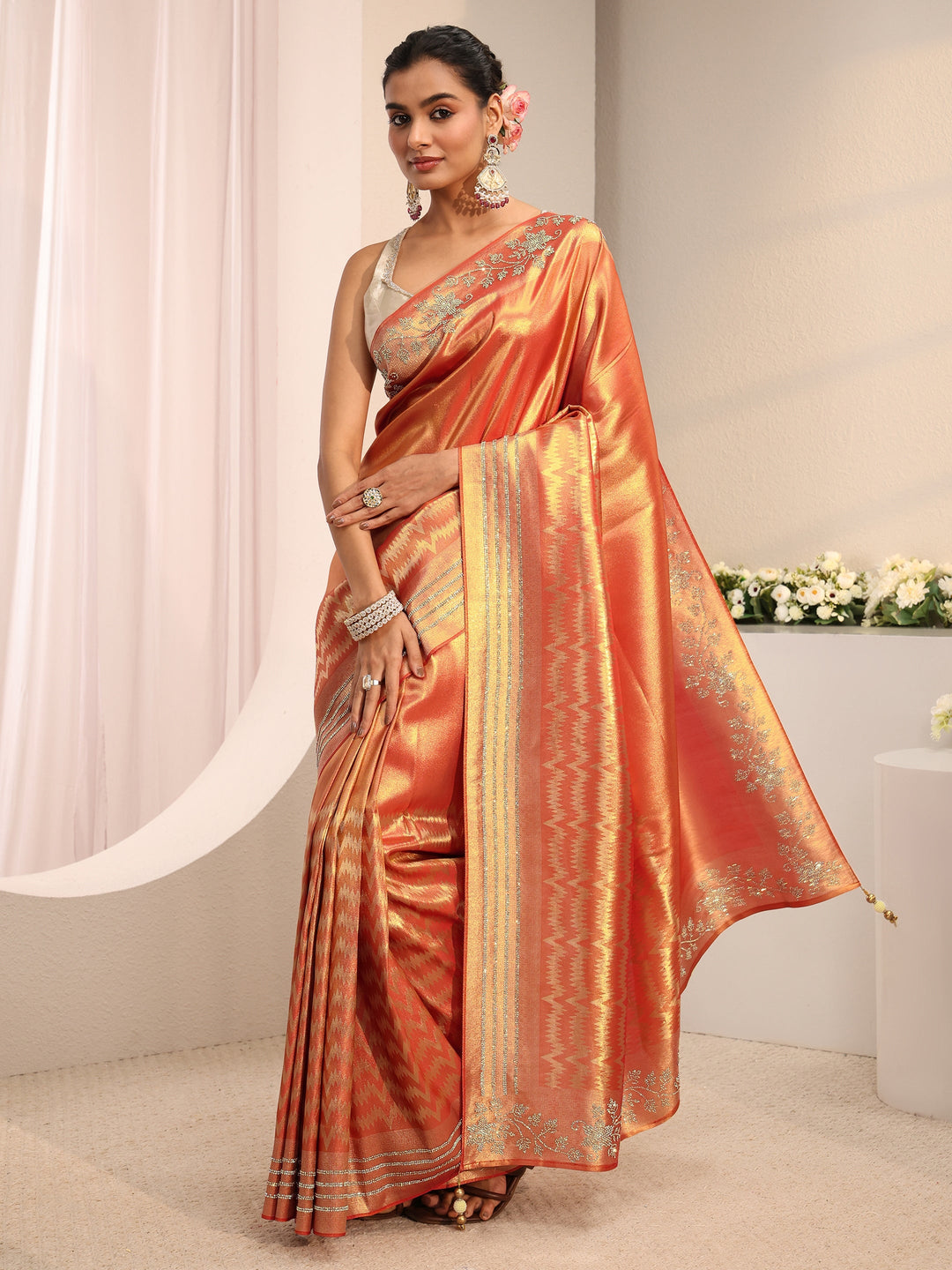  Orange Embellished Border Silk Blend Saree With Unstitched Blouse Piece 