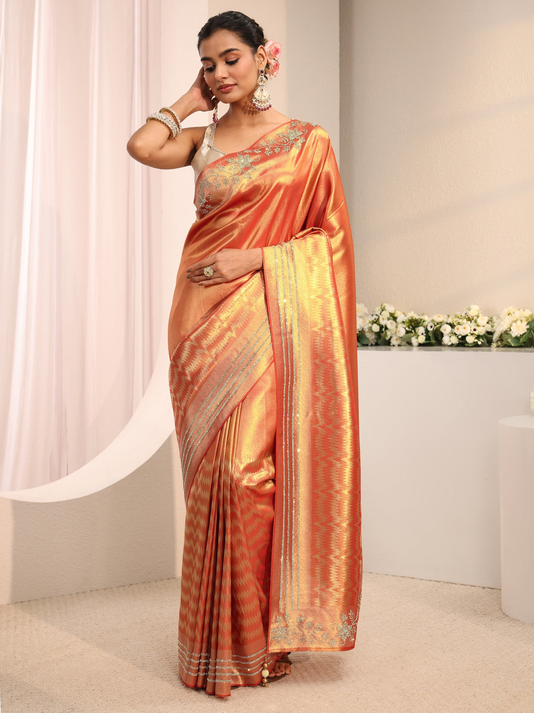  Orange Embellished Border Silk Blend Saree With Unstitched Blouse Piece 