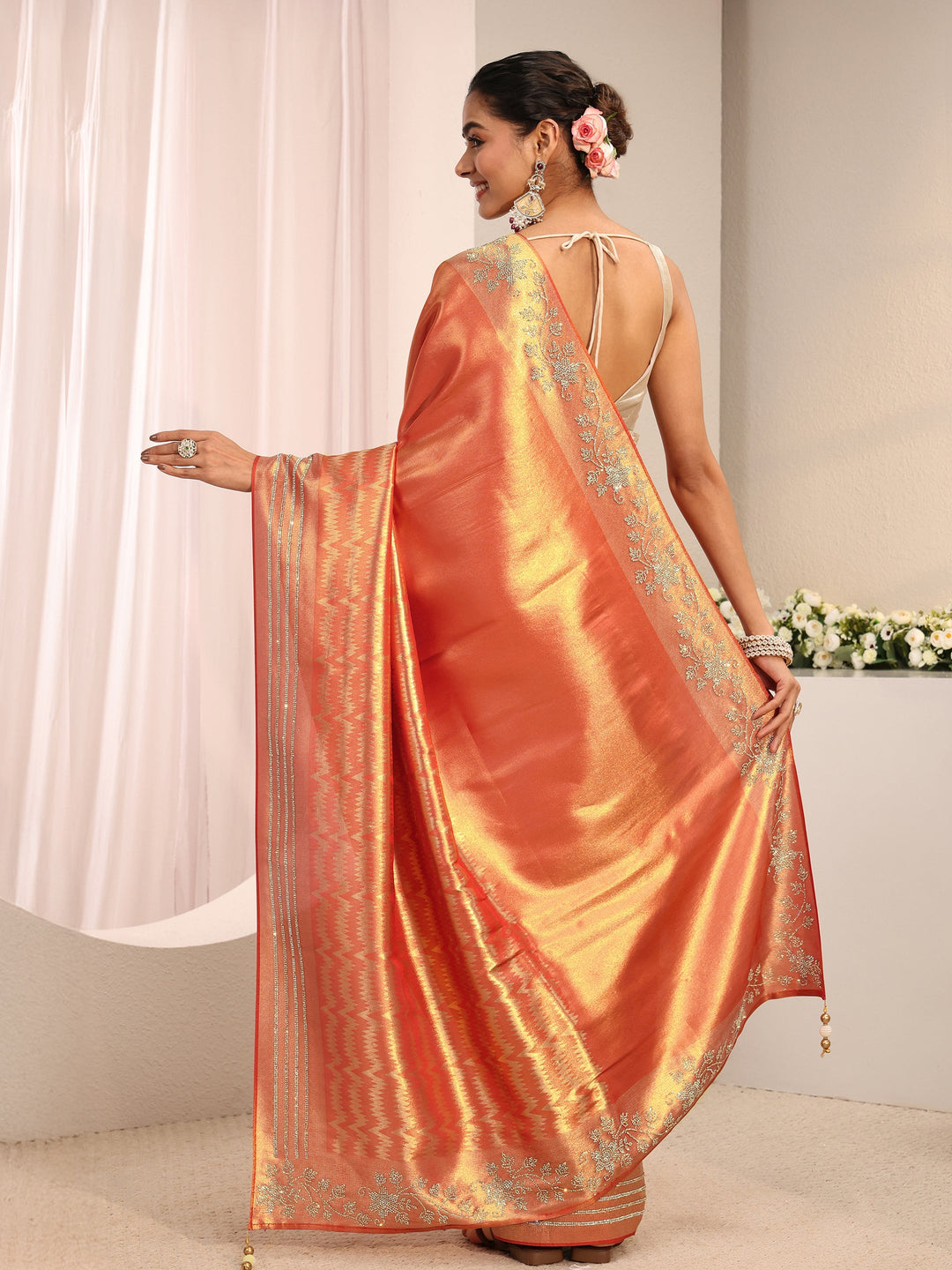  Orange Embellished Border Silk Blend Saree With Unstitched Blouse Piece 