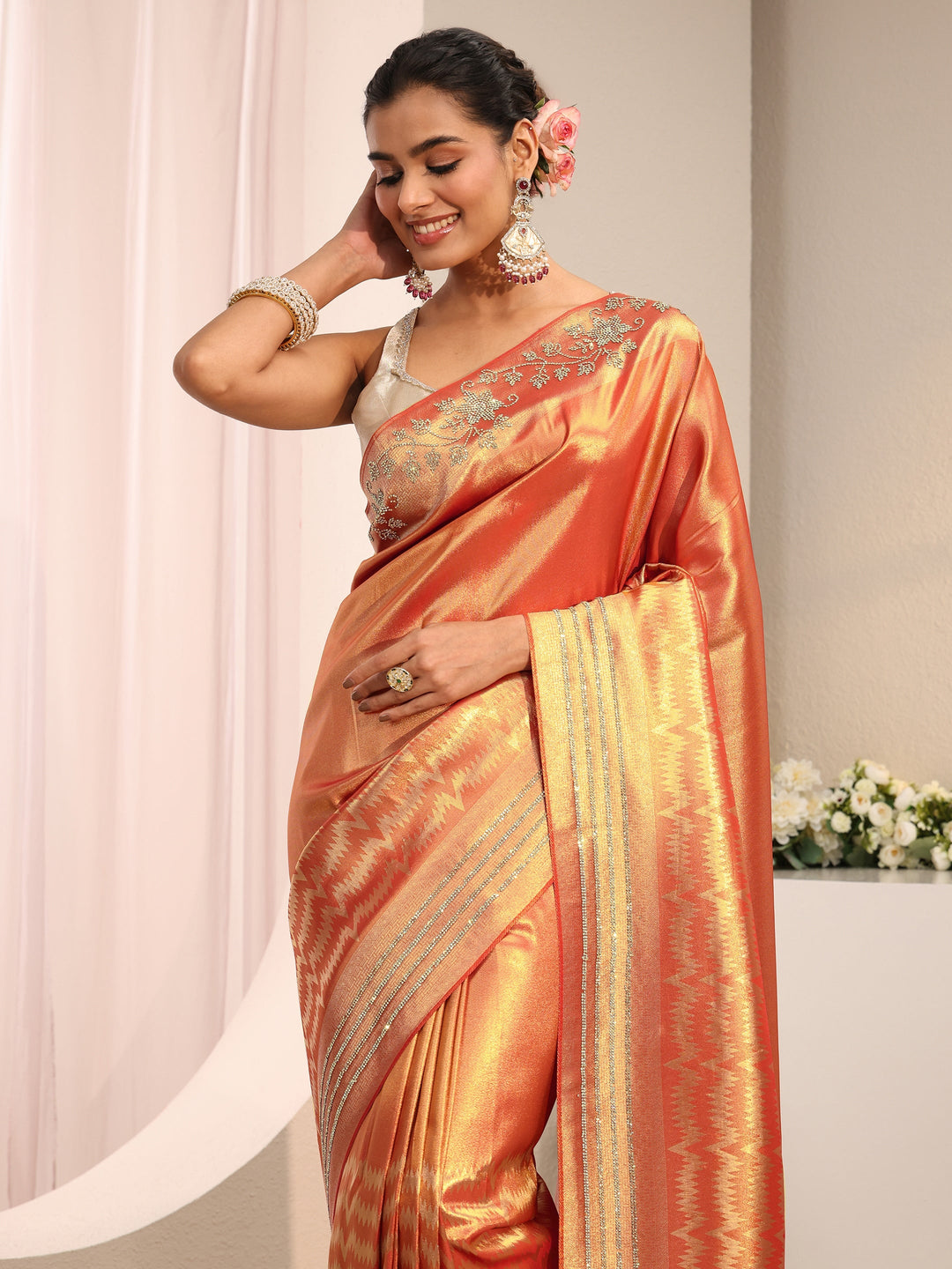  Orange Embellished Border Silk Blend Saree With Unstitched Blouse Piece 
