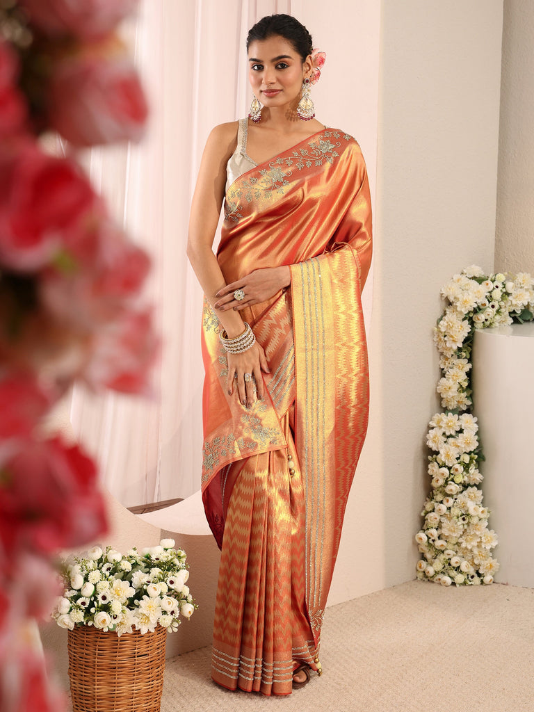 Libas Orange Embellished Border Silk Blend Saree With Unstitched Blouse Piece