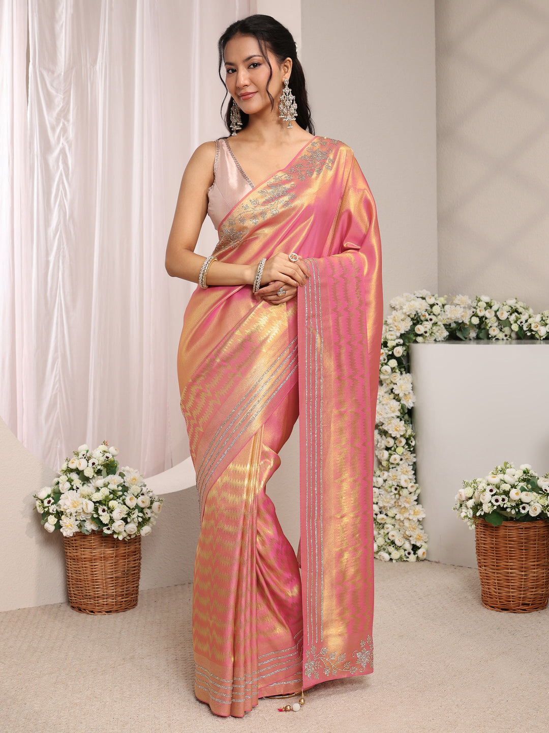  Pink Embellished Border Silk Blend Saree With Unstitched Blouse Piece 