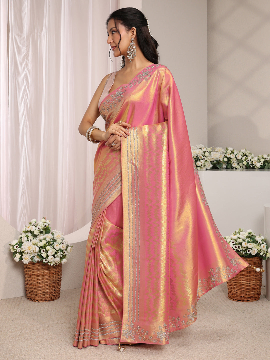  Pink Embellished Border Silk Blend Saree With Unstitched Blouse Piece 