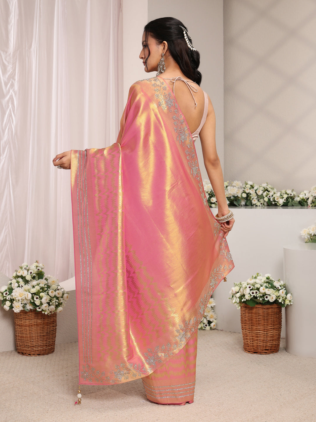  Pink Embellished Border Silk Blend Saree With Unstitched Blouse Piece 
