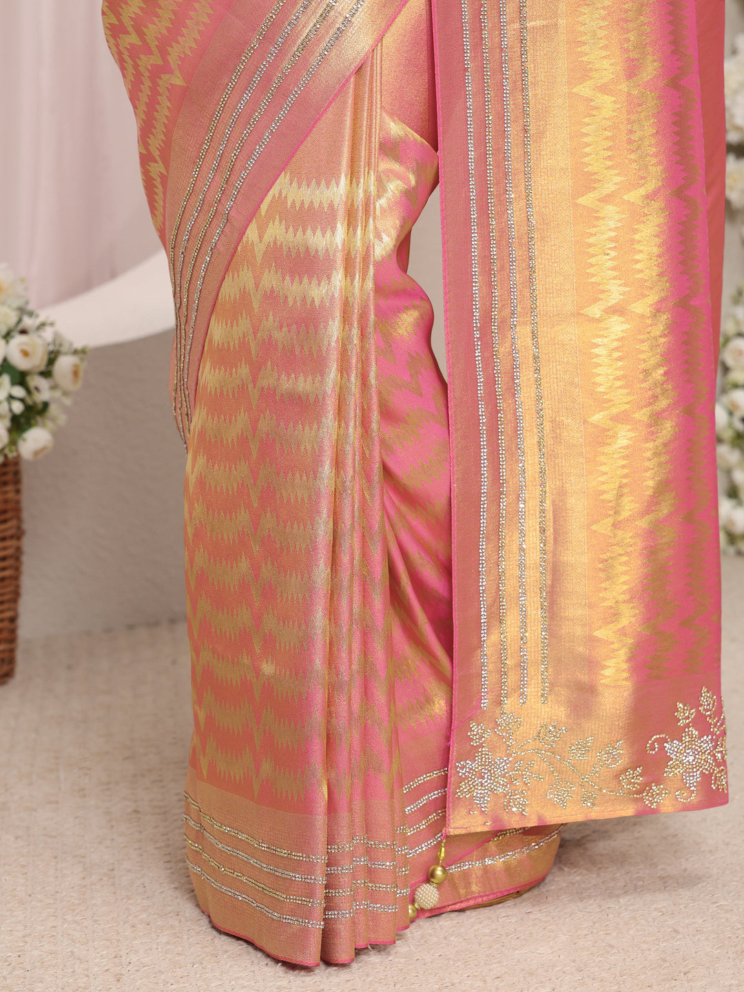  Pink Embellished Border Silk Blend Saree With Unstitched Blouse Piece 