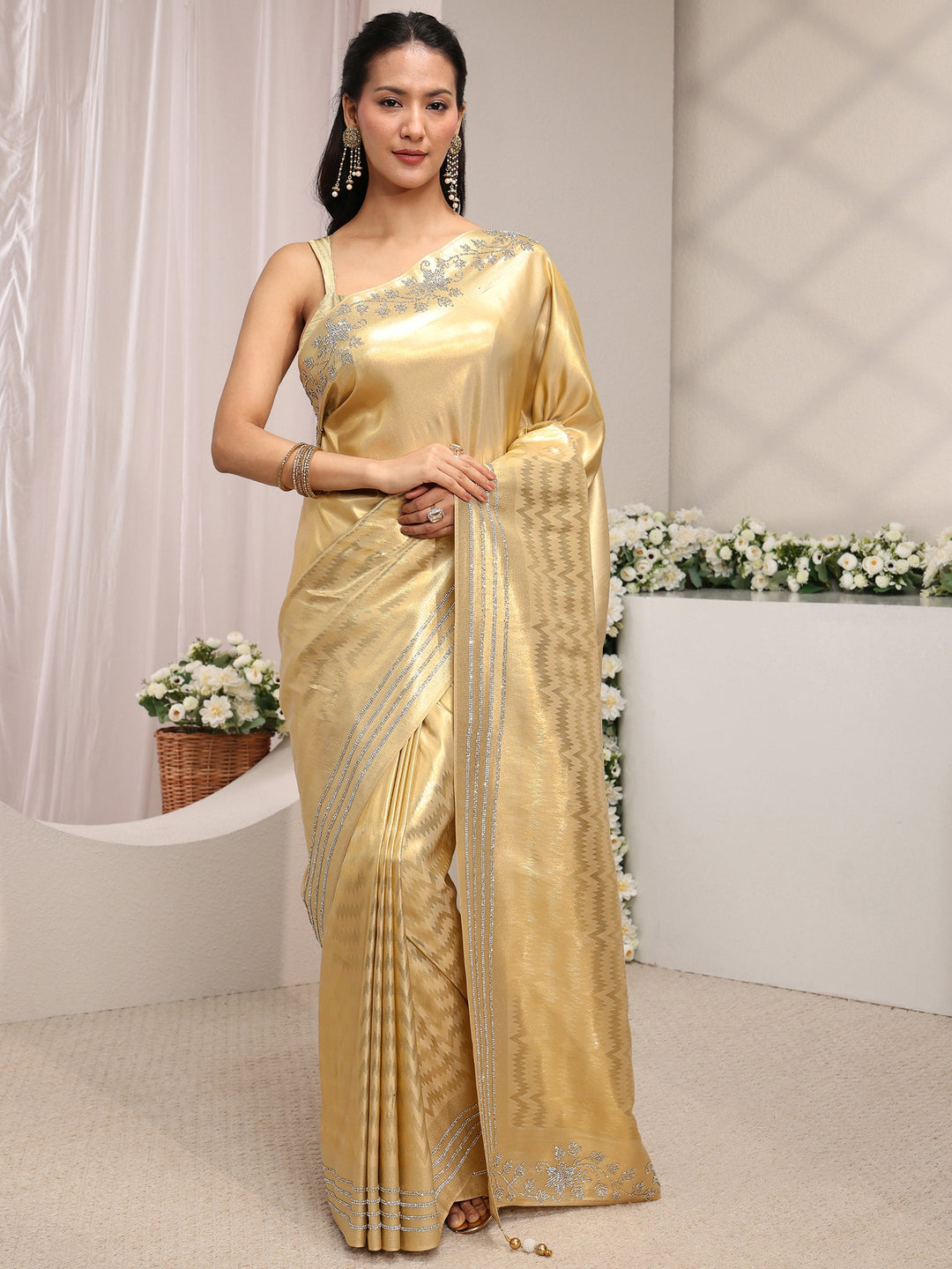  Gold Embellished Border Silk Blend Saree With Unstitched Blouse Piece 