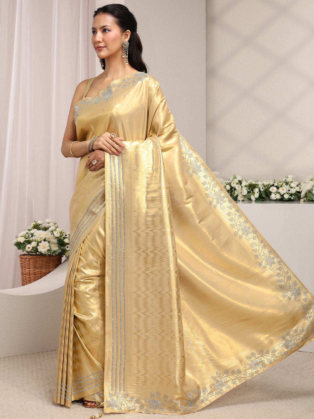  Gold Embellished Border Silk Blend Saree With Unstitched Blouse Piece 