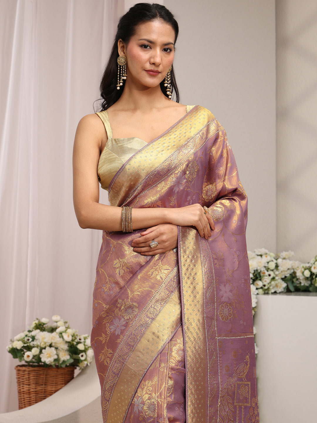  Lavender Floral Woven Design Silk Blend Saree With Unstitched Blouse Piece 