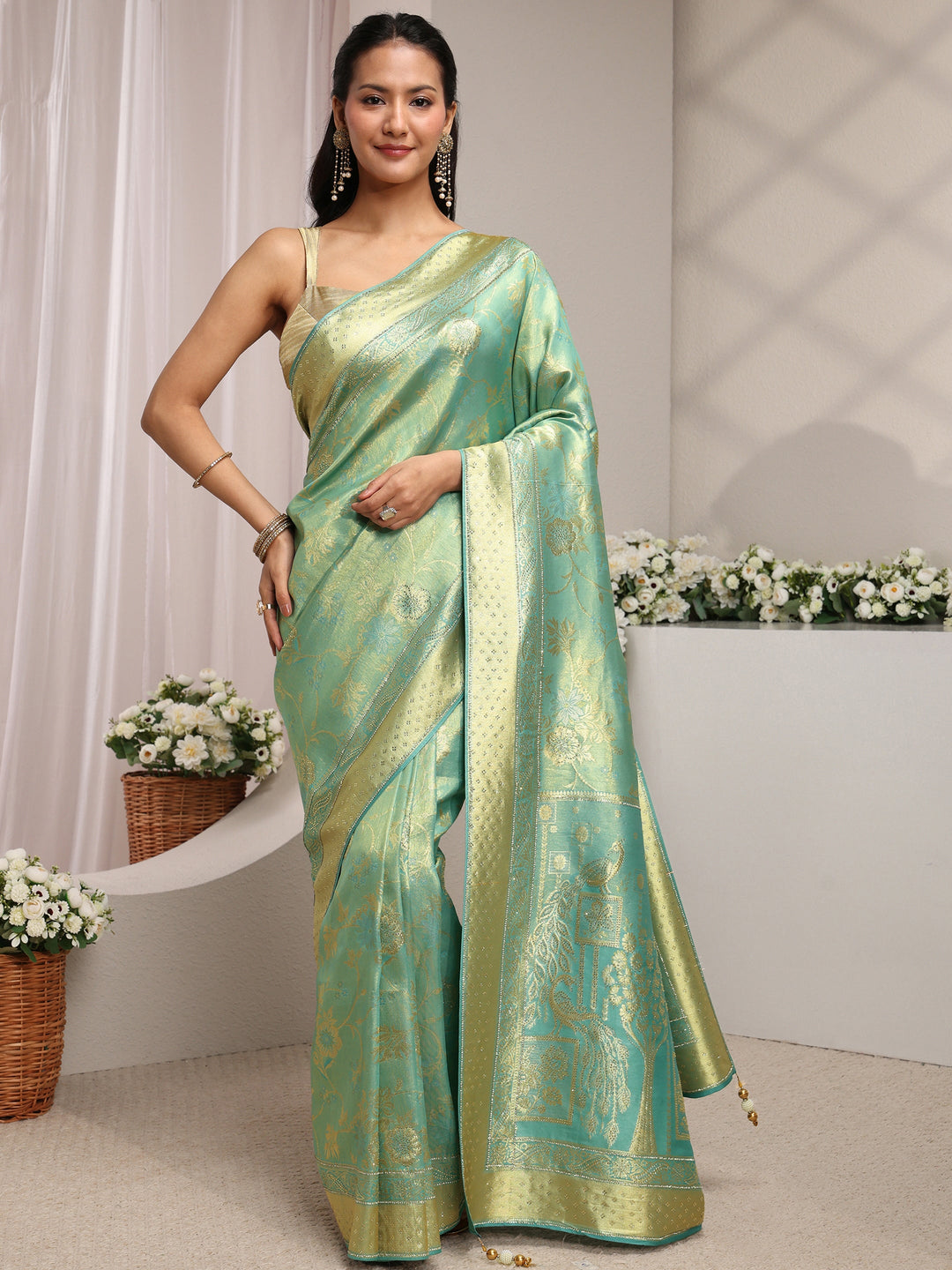  Green Floral Woven Design Silk Blend Saree With Unstitched Blouse Piece 