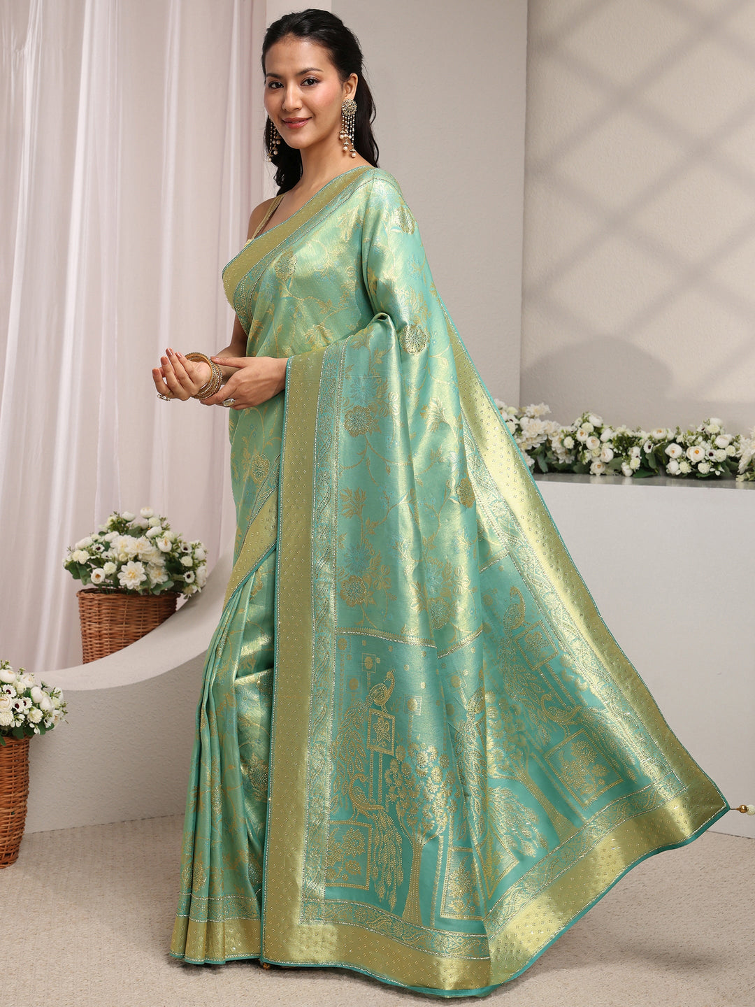  Green Floral Woven Design Silk Blend Saree With Unstitched Blouse Piece 