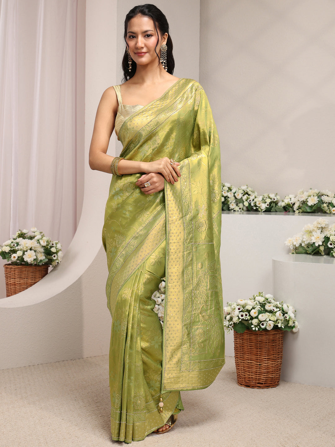  Green Floral Woven Design Silk Blend Saree With Unstitched Blouse Piece 