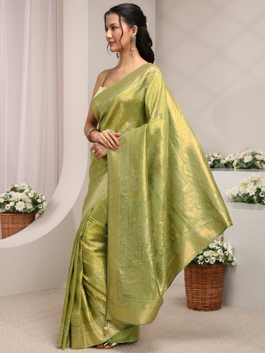  Green Floral Woven Design Silk Blend Saree With Unstitched Blouse Piece 