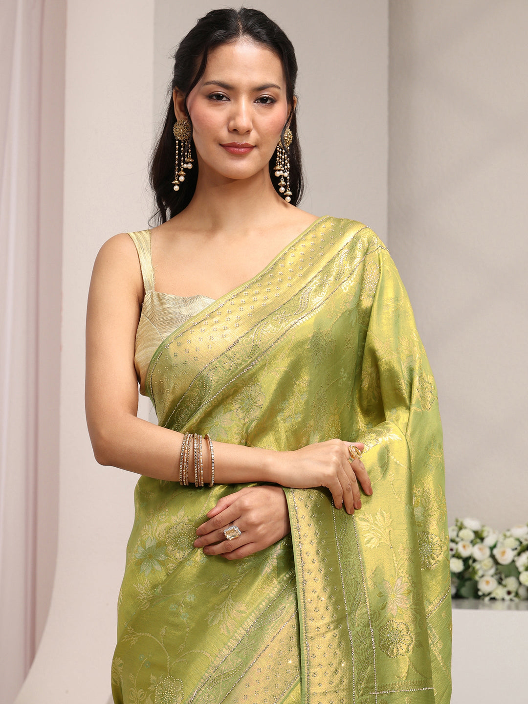  Green Floral Woven Design Silk Blend Saree With Unstitched Blouse Piece 