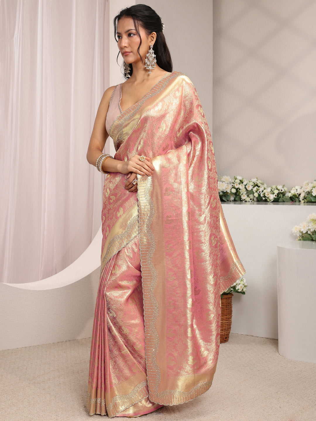  Libas Peach Ethnic Woven Design Silk Blend Saree With Unstitched Blouse Piece 